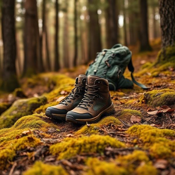 Hiking gear on mossy trail